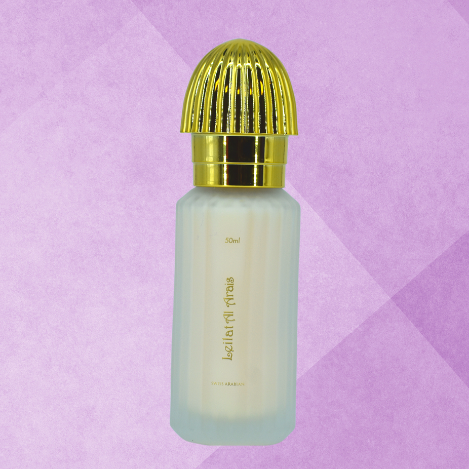 Swiss Arabian Leilat Al Arais Eau De Milky 50ml bottle, elegant packaging of the milky floral fragrance by Swiss Arabian.