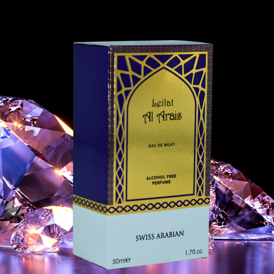 Swiss Arabian Leilat Al Arais Eau De Milky 50ml bottle, elegant packaging with soft, milky fragrance details.