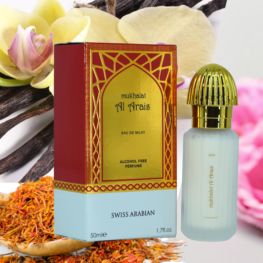 Swiss Arabian Mukhalat Al Arais Eau De Milky Spray, 50ml, with elegant bottle and milky fragrance fluid inside.