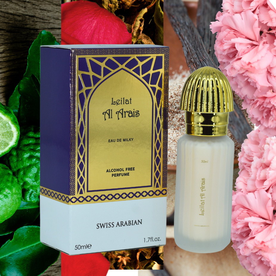 Swiss Arabian Leilat Al Arais Eau De Milky 50ml bottle, elegant packaging of the milky floral fragrance, EDM perfume for women.