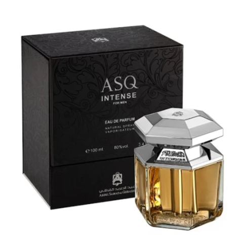 ASQ Intense for Men Eau De Parfum 100ml bottle by Abdul Samad Al Qurashi, with sleek black and gold packaging visible.