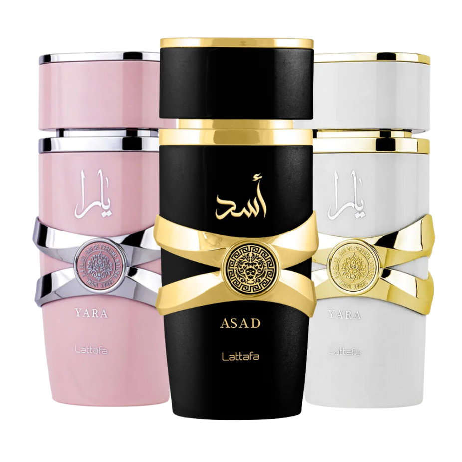 Lattafa Asad, Yara & Yara Moi Eau de Parfum Spray bundle, 100ml bottles with elegant fragrance packaging.