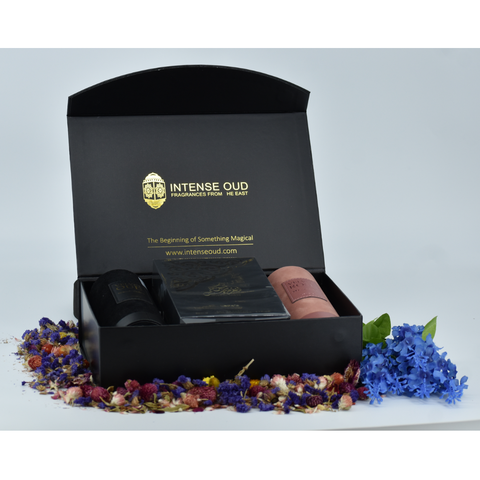 Lattafa Velvet Rose, Musk Al Aroos & Velvet Oud perfume gift set in 100ml bottles with a magnetic gift box, elegant and luxurious.