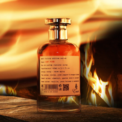 Camp Fire Eau De Parfum by Emir Factory Edition, 100ml bottle with dark glass and elegant label, designed for men.