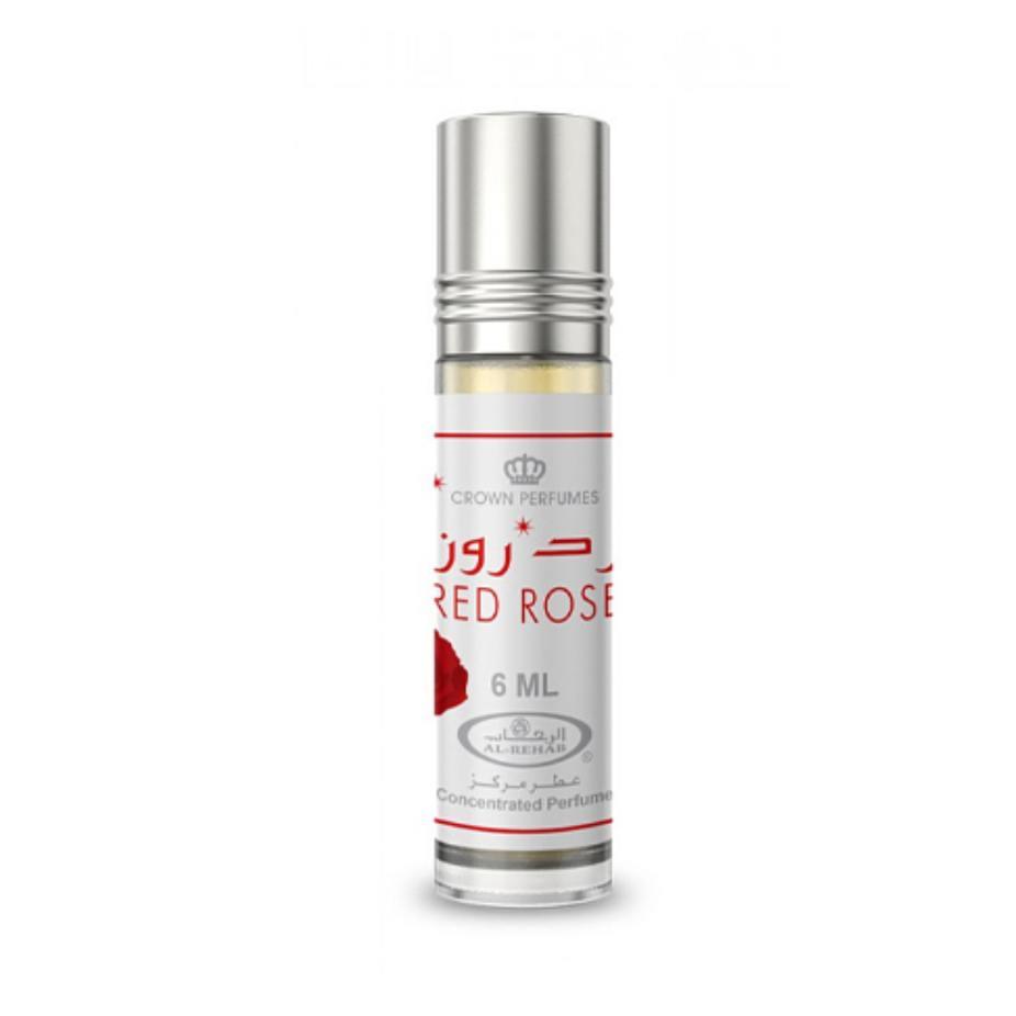 Red Rose 6ml concentrated perfume oil by Al Rehab in a clear glass bottle with a black cap and red rose label.