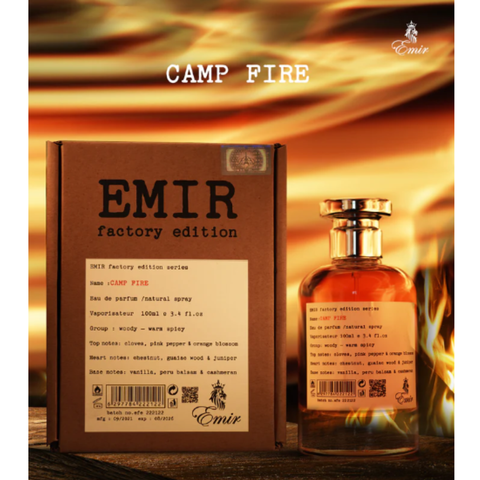 Emir Factory Edition Camp Fire Eau De Parfum bottle with black cap and minimalist label, 100ml, stylish fragrance packaging.