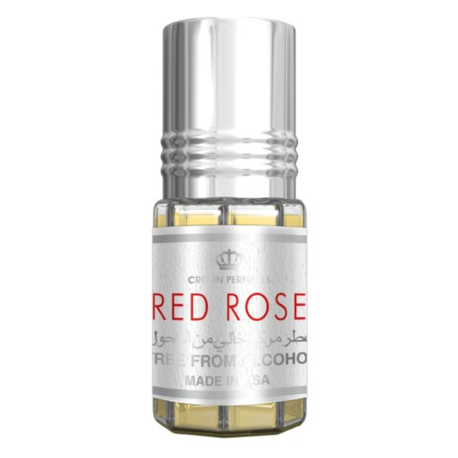 Red Rose 3ml perfume oil by Al Rehab in a clear glass bottle with a black cap, showcasing the concentrated perfume oil packaging.