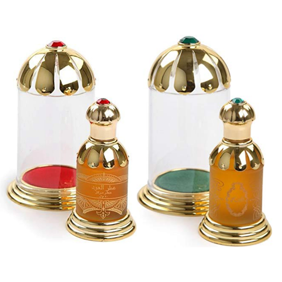 Rasasi Attar al Oudh Red and Attar Mubakhar Green perfume oils, 20ml CPO concentrated perfume oils displayed in bottles.