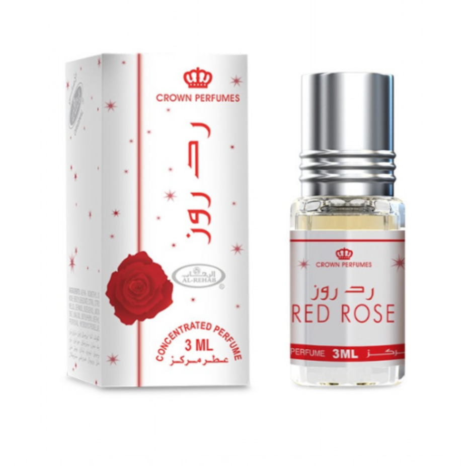Red Rose 3ml perfume oil by Al Rehab, concentrated perfume oil in a small glass bottle with red rose design.