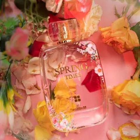 Ideas Spring Times EDP for Women, 100ml bottle, elegant glass perfume bottle with floral design, showcasing the Ideas brand.