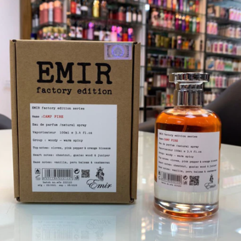 Camp Fire EDP by Emir Factory Edition, 100ml Eau De Parfum bottle with a sleek design and dark-colored label.