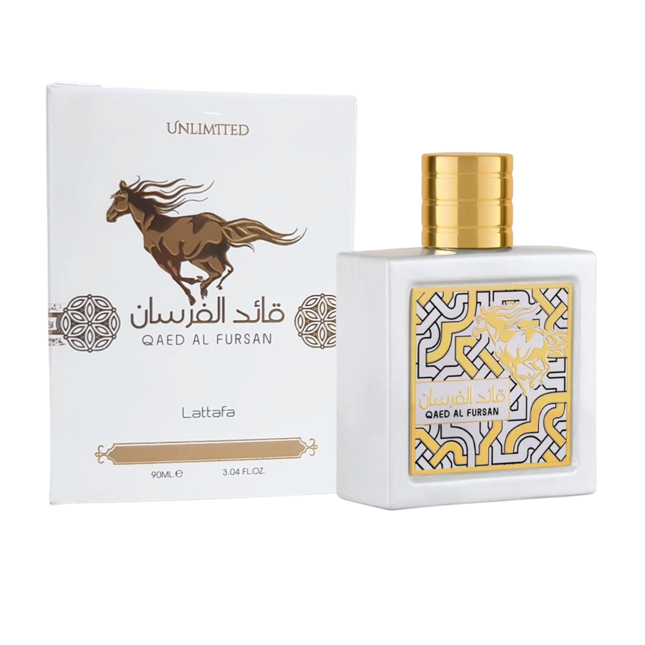 Qaed Al Fursan Unlimited Eau De Parfum 90ml bottle by Lattafa with sleek design and elegant packaging.