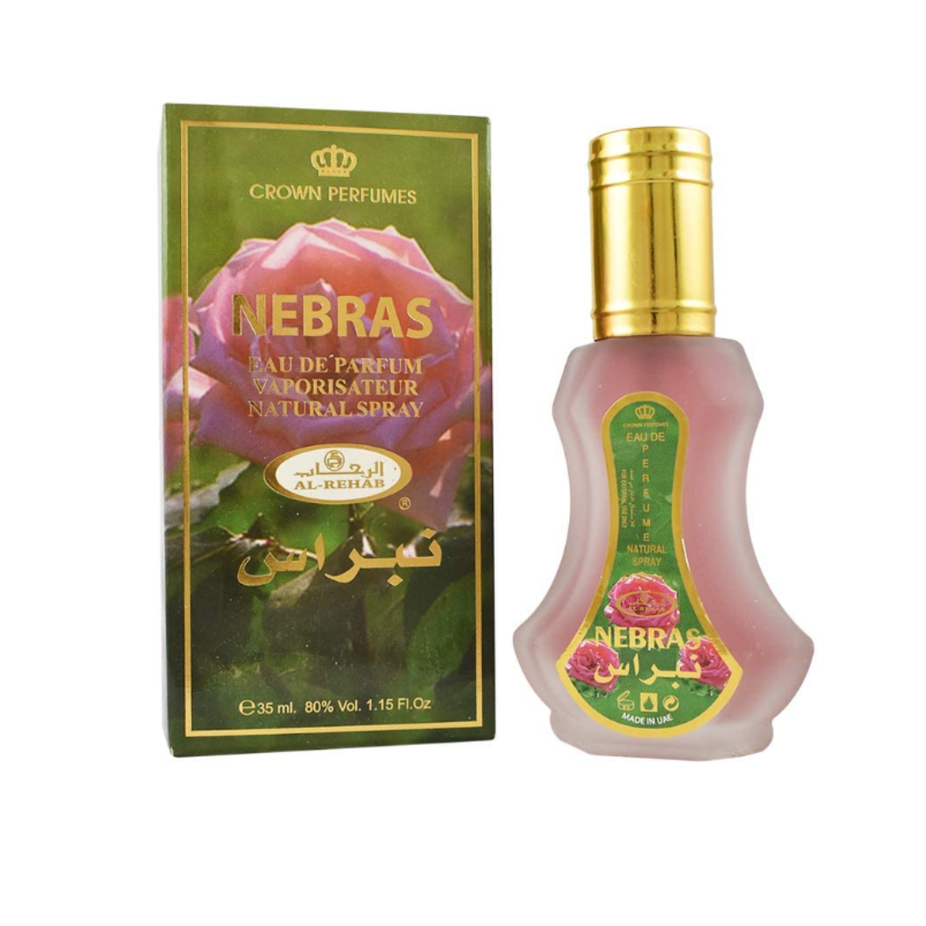 Al Rehab Nebras Eau de Parfum spray 35ml, elegant bottle with floral and citrus notes, designed for a luxurious fragrance experience.