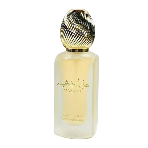 Lattafa Mazaaji Hair Mist 50ml with velvet pouch, refreshing hair spray in a clear bottle with floral accents.