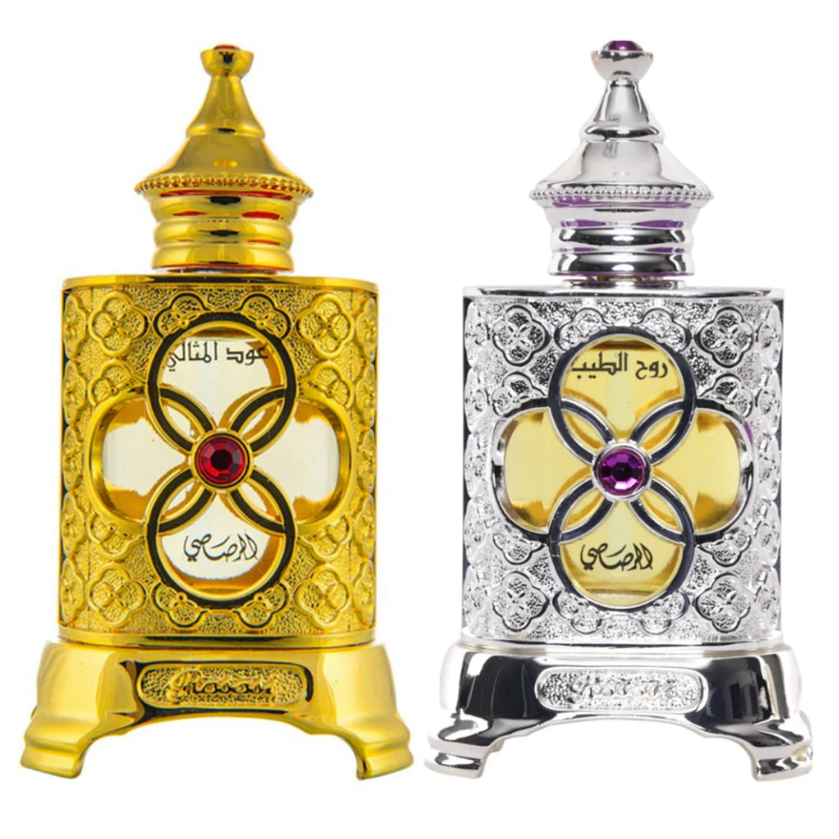 Rasasi Oudh al Methali & Ruh al Teeb perfume oil for men and women in 15ml CPO bottle, featuring luxurious fragrance and elegant packaging.