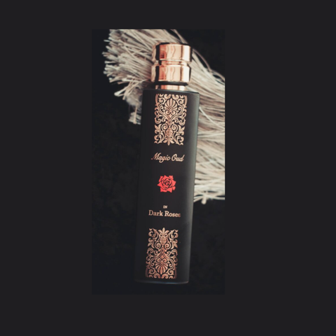 Magic Oud Dark Rose Eau De Parfum bottle featuring a sleek dark rose design and elegant branding by Magic Oud.