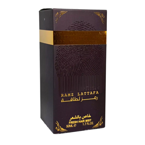 Lattafa Ramz Lattafa Gold Hair Mist 50ml, close-up of the elegant bottle with gold accents and clear labeling.
