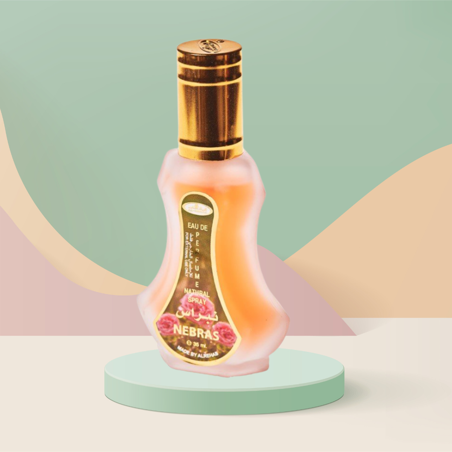 Al Rehab Nebras Eau de Parfum spray 35ml bottle with elegant design and clear label, showcasing the fragrance packaging.