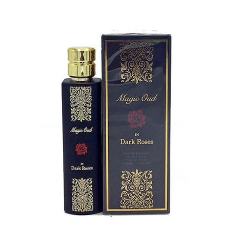 Dark rose and rich oud bottles of Magic Oud Magic Oud Eau De Parfum, showcasing elegant packaging and deep, luxurious fragrance notes