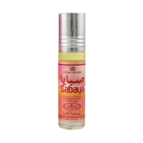 Al-Rehab Sabaya 6ml roll-on perfume oil in a box, featuring a clear glass bottle with a silver cap and intricate label design.