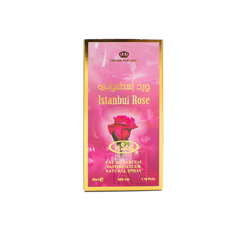 Al Rehab Istanbul Rose EDP 35ml bottle, elegant glass perfume container with rose-themed design and silver cap.