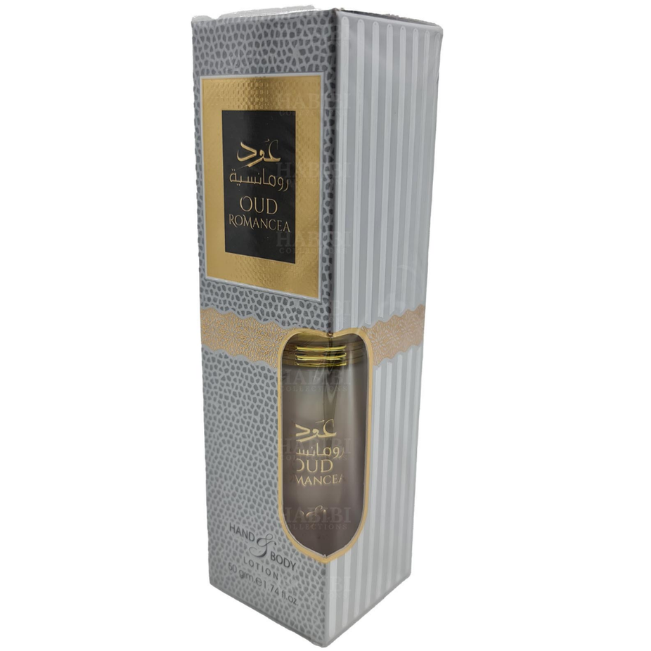 Ard Al Zaafaran Oud Romancea Lotion 50GMS, creamy textured bottle with floral and oud scent-inspired packaging.