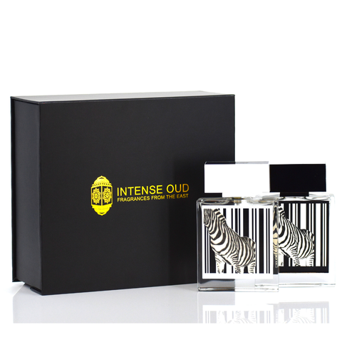 Rasasi Rumz Zebra 9325 unisex perfume gift set with 50ml Eau de Parfum bottles and decorative box.