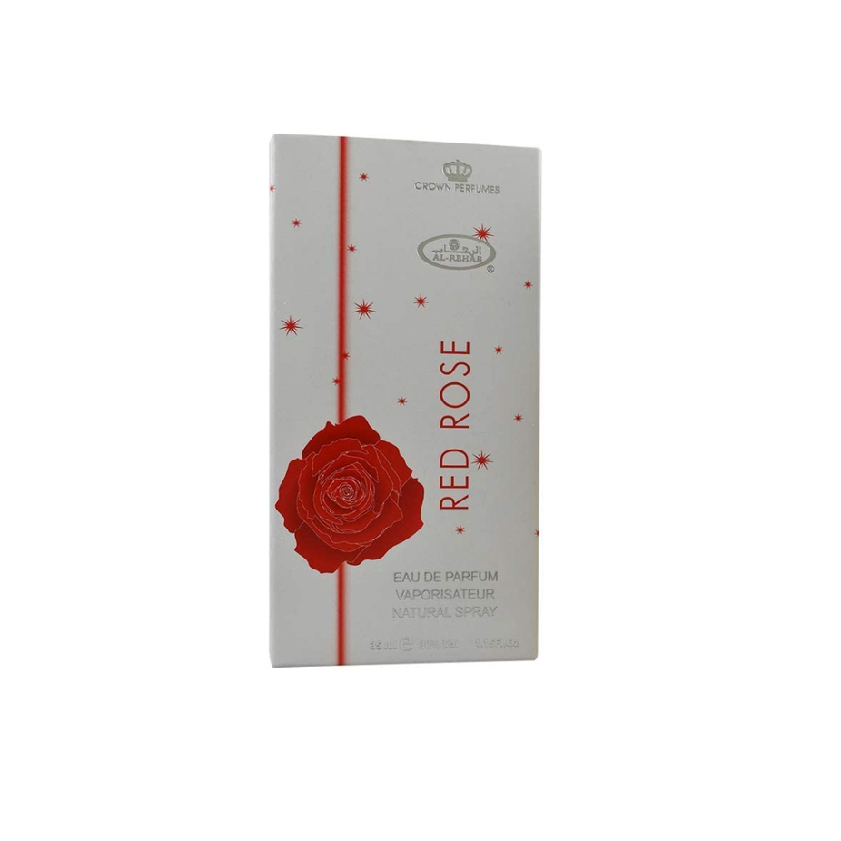 Red Rose EDP by Al Rehab, 35ml Eau De Parfum bottle with a red floral design and elegant packaging.
