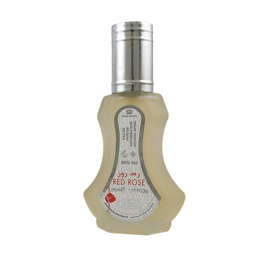 Red Rose EDP by Al Rehab, 35ml Eau De Parfum bottle with a red rose design, showcasing a floral fragrance.