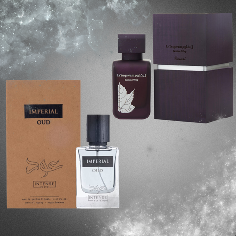 Pair of Intense Elite Imperial Oud Men EDP 90ml and La Yuqawam Jasmine Wisp Women EDP 75ml perfume bottles.