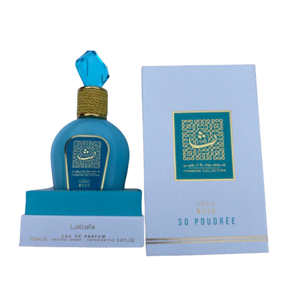 Lattafa Musk So Poudree Thameen Collection unisex EDP 100ml bottle with elegant packaging and minimalist design.
