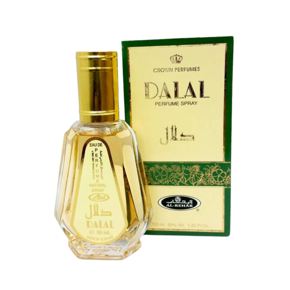 Al Rehab Dalal Eau de Parfum spray 50ml bottle, elegant design, showcasing the perfume's branding and packaging.