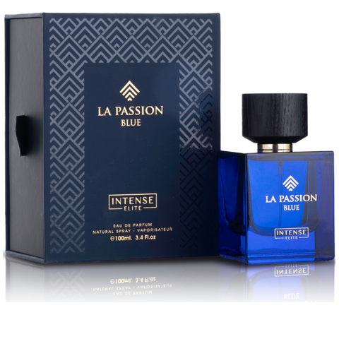 Intense Elite Collection for Men Eau De Parfum set featuring Bade'e Al Oud for Glory and LA Passion Blue, with elegant bottle designs.