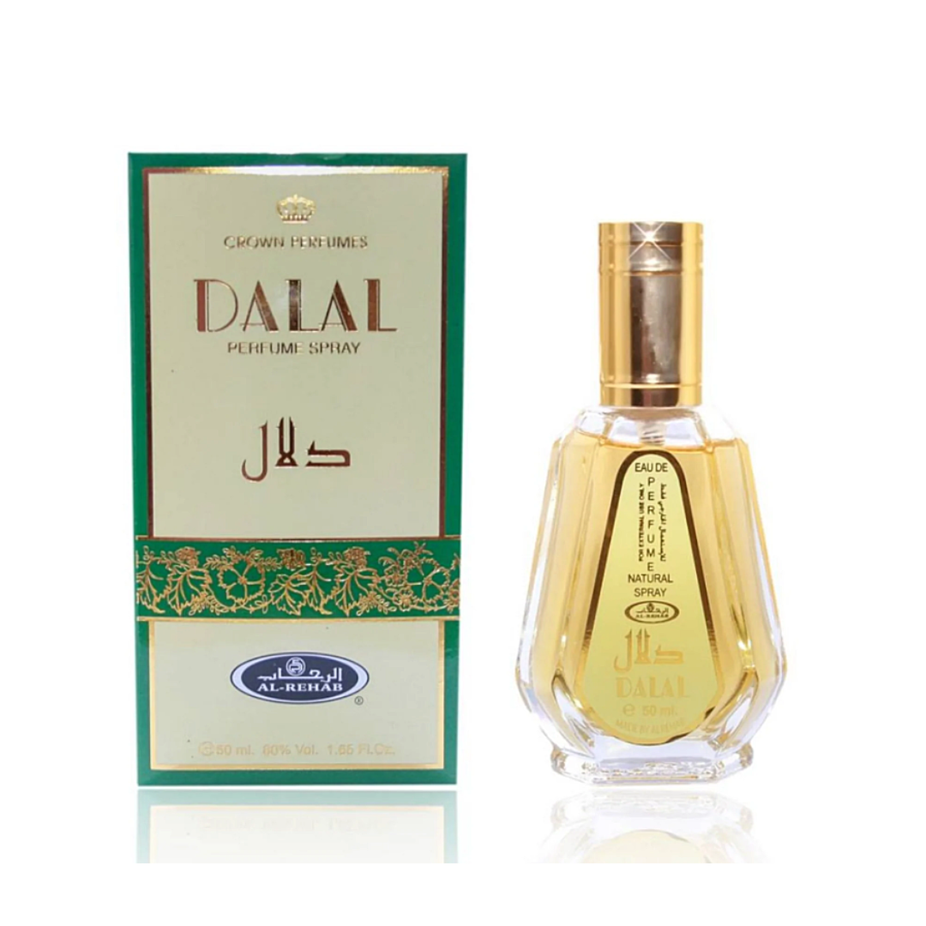 Dalal Eau de Parfum Spray by Al Rehab, 50ml bottle with elegant packaging and floral scent details.
