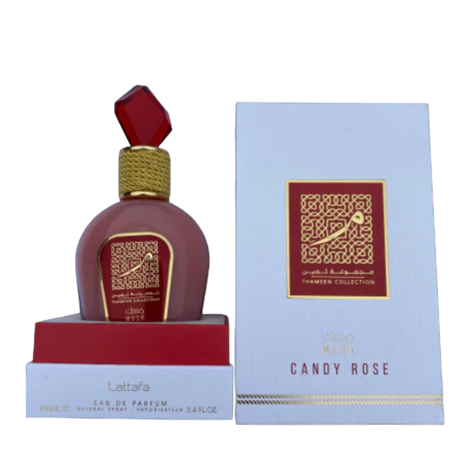 Candy Rose Thameen Collection Musk unisex EDP by Lattafa, 100ml bottle with elegant floral and musky fragrance design.