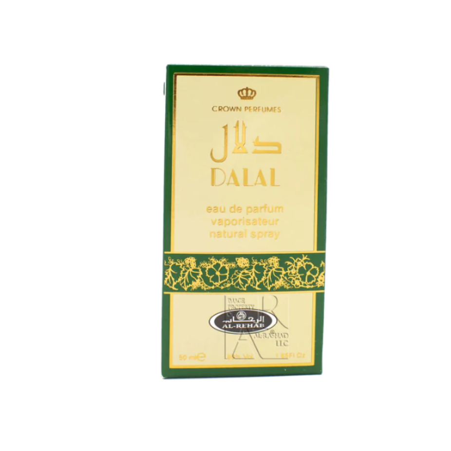 Al Rehab Dalal Eau de Parfum Spray 50ml with elegant bottle and floral design, showcasing the perfume packaging.