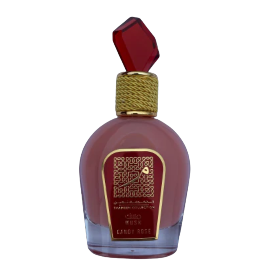 Lattafa Candy Rose Thameen Collection Musk unisex Eau De Parfum 100ml bottle with elegant design and floral-woody accents.