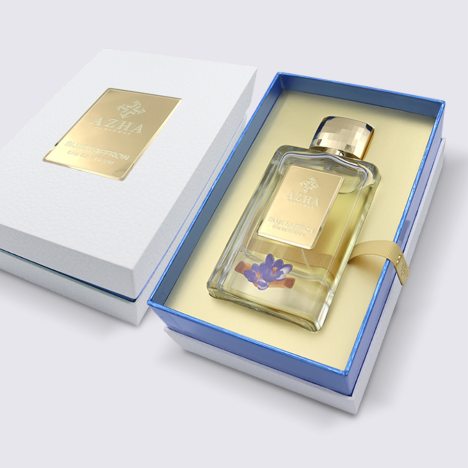 Blue Saffron Eau De Parfum by AZHA in a 100ml bottle with a sleek blue design and elegant fragrance bottle.