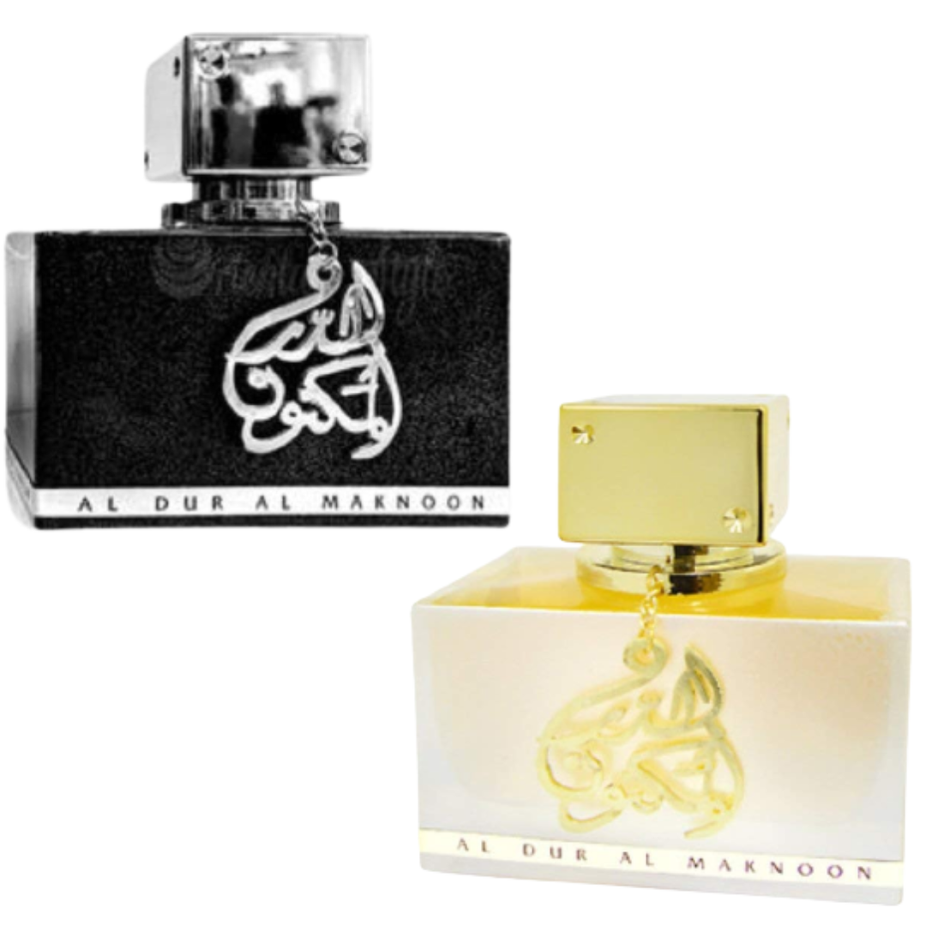 Lattafa Al Dur Al Maknoon Silver and Gold Women EDP 100ML bottle with elegant silver and gold accents, showcasing a luxurious perfume design.