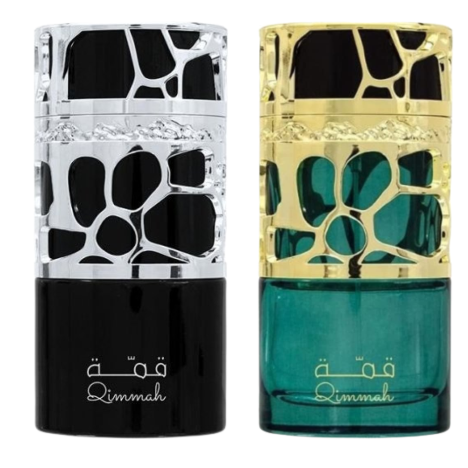 Lattafa Qimmah Eau De Parfum 100ml bottle for men and women, elegant glass container with black cap and fragrance details.