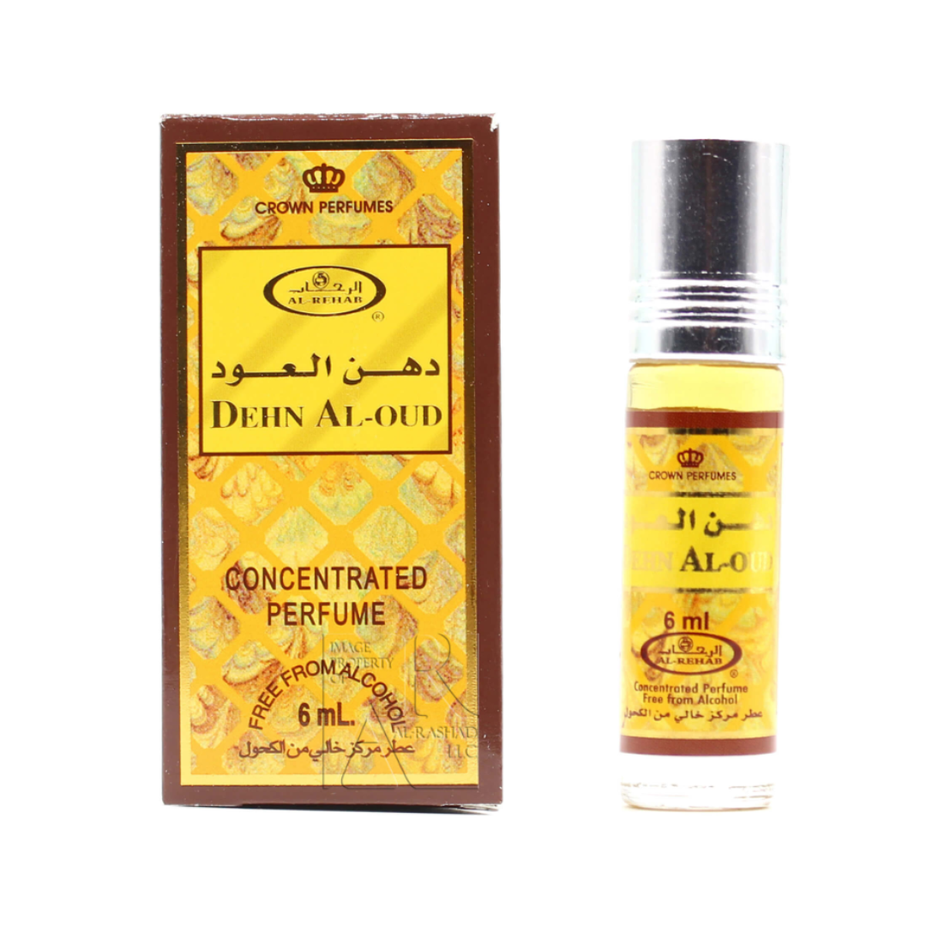 Al Rehab Dehn AL Oud 6ml concentrated perfume oil bottle with elegant label and packaging.