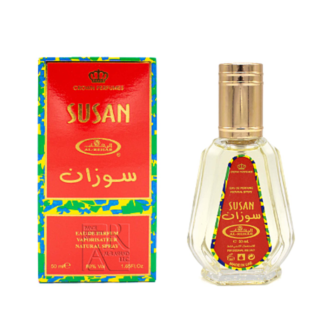 Al Rehab Susan Spy EDP 50ml Eau De Parfum bottle with elegant design and clear branding in the image.