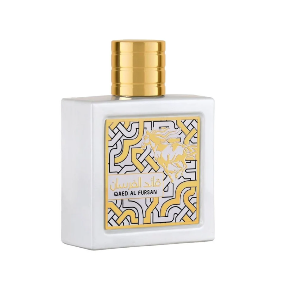 Qaed Al Fursan Unlimited 100ml EDP by Lattafa with velvet pouch, featuring elegant packaging and bottle design.