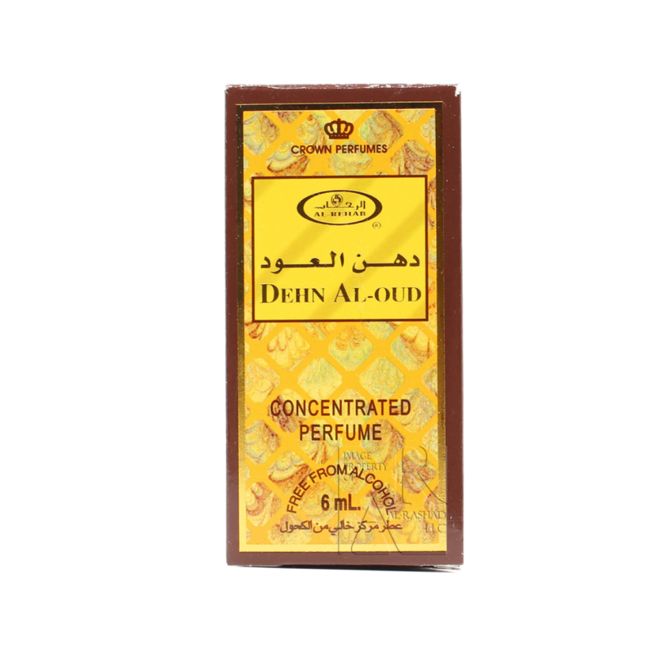 Al Rehab Dehn AL Oud 6ml concentrated perfume oil bottle with ornate gold design and clear glass container.