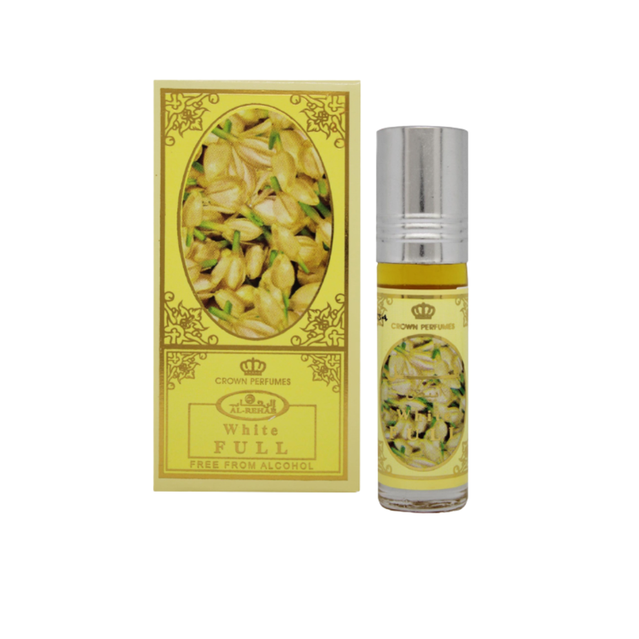 White full 6ml Al Rehab perfume oil bottle, concentrated CPO with sleek white packaging, displayed against a plain background.