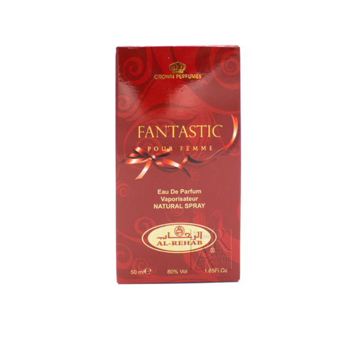 Al Rehab Fantastic EDP 50ml Eau De Parfum bottle with elegant pink and gold packaging and floral accents.