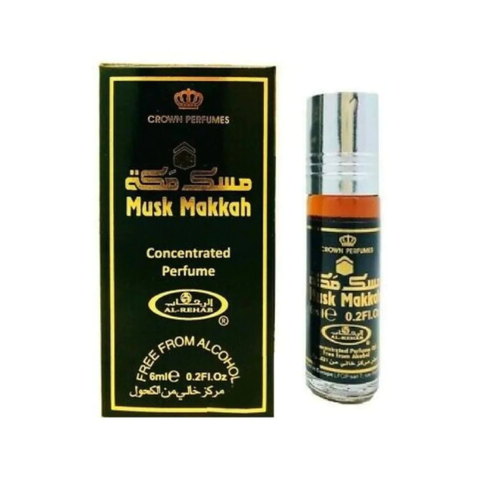 Al Rehab Musk Makkah 6ml concentrated perfume oil bottle with clear packaging and silver cap, showcasing the fragrance container.