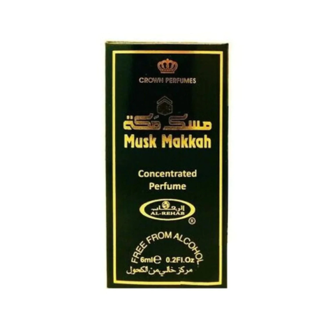 Al Rehab Musk Makkah 6ml concentrated perfume oil bottle with a clear glass container and a black cap.