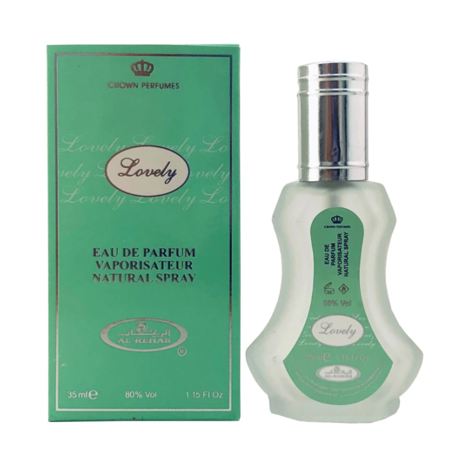 Al Rehab Lovely EDP 35ml Eau De Parfum bottle with elegant design and gold accents, showcasing the perfume's packaging.