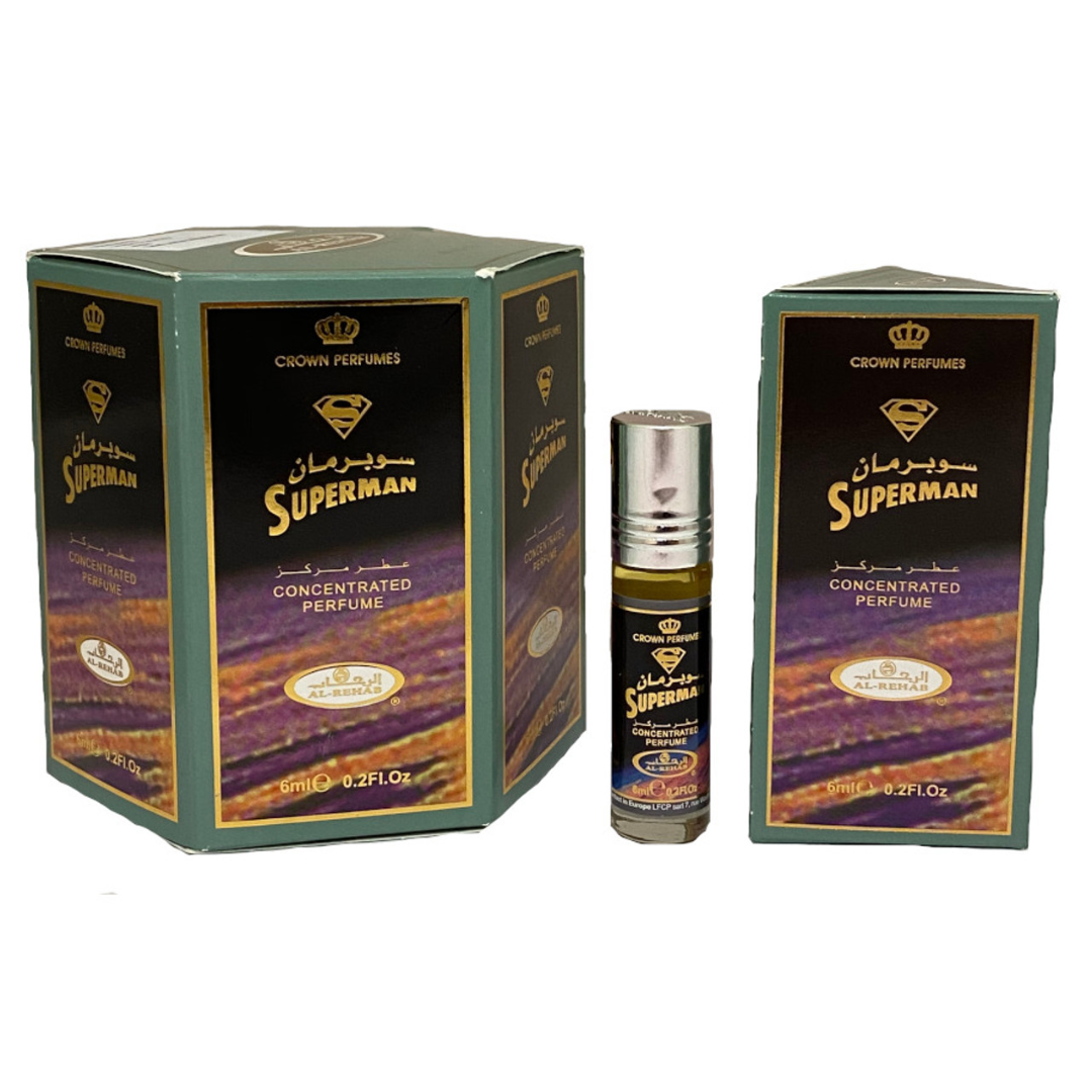 Al-Rehab Super Man 6ml roll-on perfume oil in box, featuring sleek black bottle with silver cap and label design.